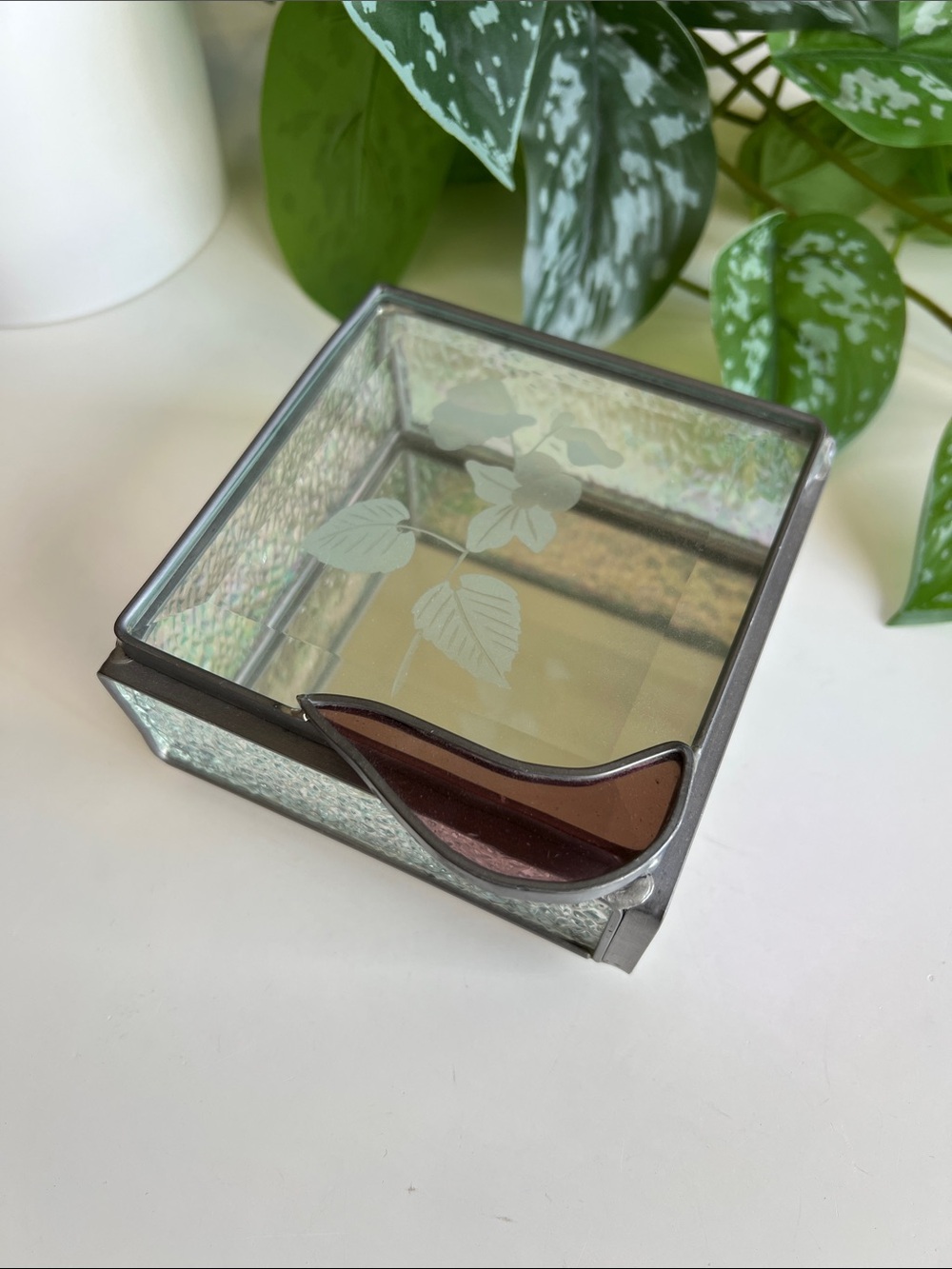 Vintage Etched Floral Stained Glass Trinket Box Decor